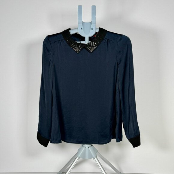 Modcloth Deep Navy Blouse with Beaded Collar Detail - Picture 1 of 9